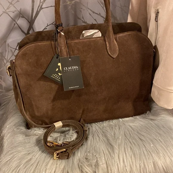 BNWT CLAUDIA FIRENZE Viral Made in Italy Chocolate Brown Suede Satchel Bag - Picture 14 of 15